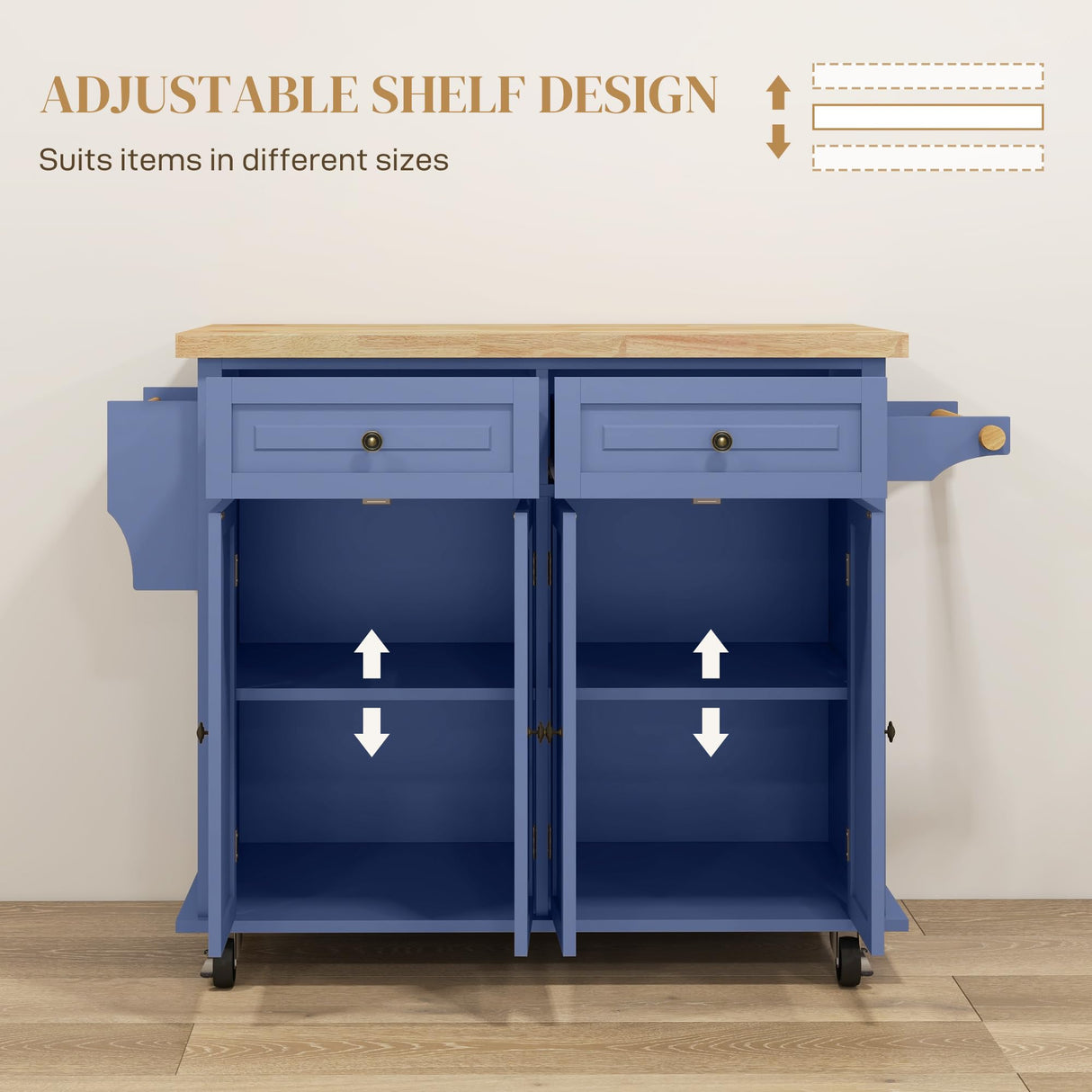 HOMCOM Kitchen Island on Wheels, Rolling Cart with Rubberwood Top, Spice Rack, Towel Rack and Drawers for Dining Room, Navy Blue HOMCOM