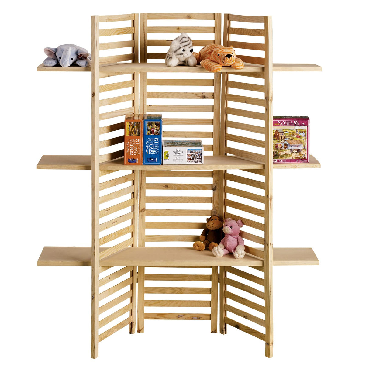 SSWBasics 3-Panel Wood Display With 3 Shelves - Unit Can Be Stained Or Painted - Great for a Wide Range of Merchandise from Housewares, Clothing and Beverages - Natural Pine SSWBasics