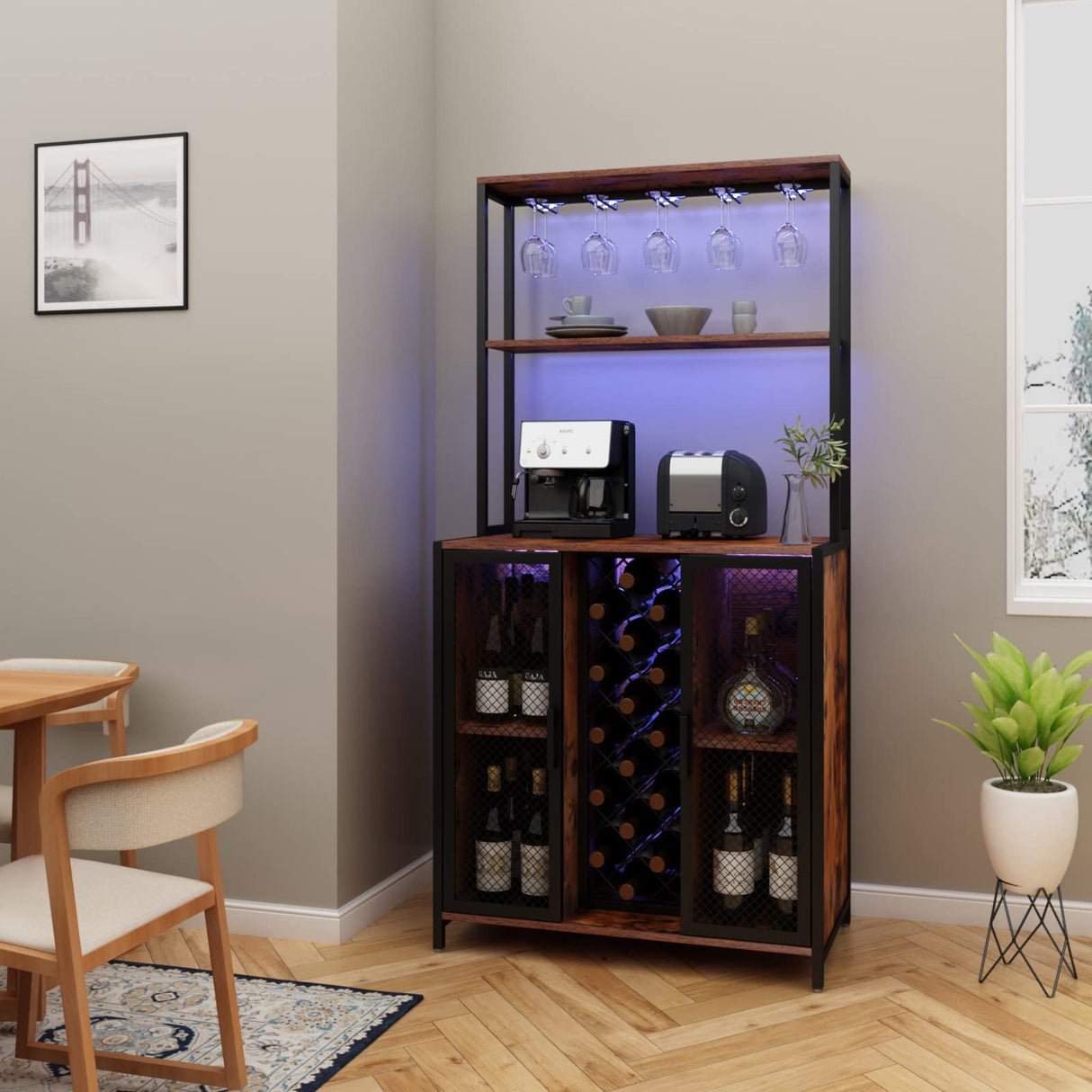 Loomie 5-Tier Rustic Wine Bar Cabinet with LED Lights & Adjustable Shelves Loomie