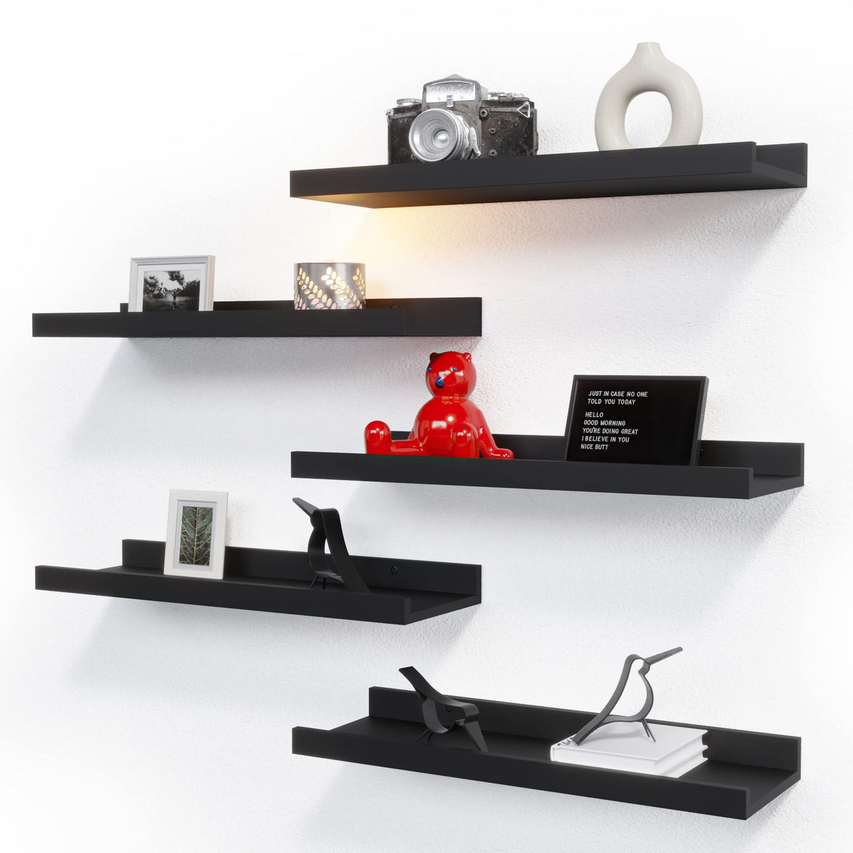 RICHER HOUSE 5 Set Floating Wall Mounted Shelves, Black Shelves for Wall Decor, Modern Picture Ledge Shelf with Lip for Storage, Nursery, Bedroom, Living Room, Bathroom - Black RICHER HOUSE