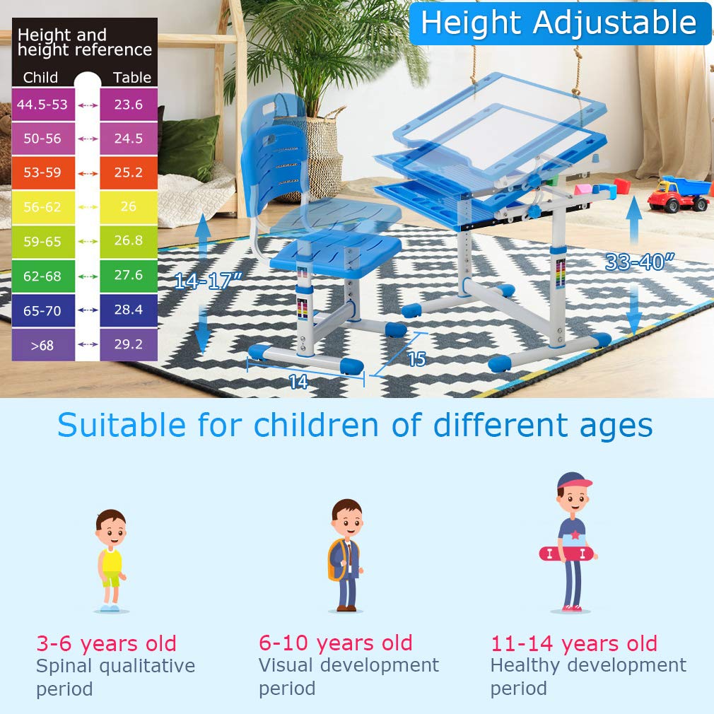 FDW Kids Study School Adjustable Height Table with Storage Blue FDW