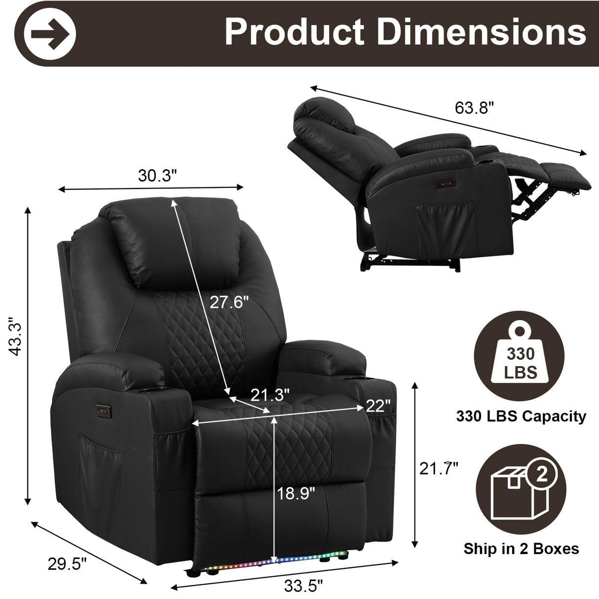AHMED Power Recliner Chair with Vibration Massage & Heat for Adults, Faux Leather Home Theater Seating with Cup Holders/LED Lights/USB Ports/Side Pockets for Living Room, Black AHMED