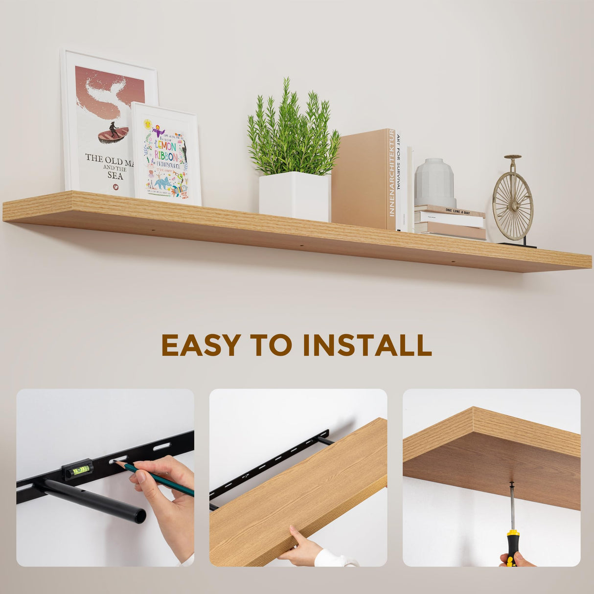 Oak Floating Shelves 72 Inch Long, 9.3" Deep Shelves Wall Mounted, 72"x9.3" Fireplace Mantel, Deep Storage Shelves for Home & Office, Rustic Large TV Stand - 9.3" D x 72" W x 1.5" H, 1 Pack Fun Memories