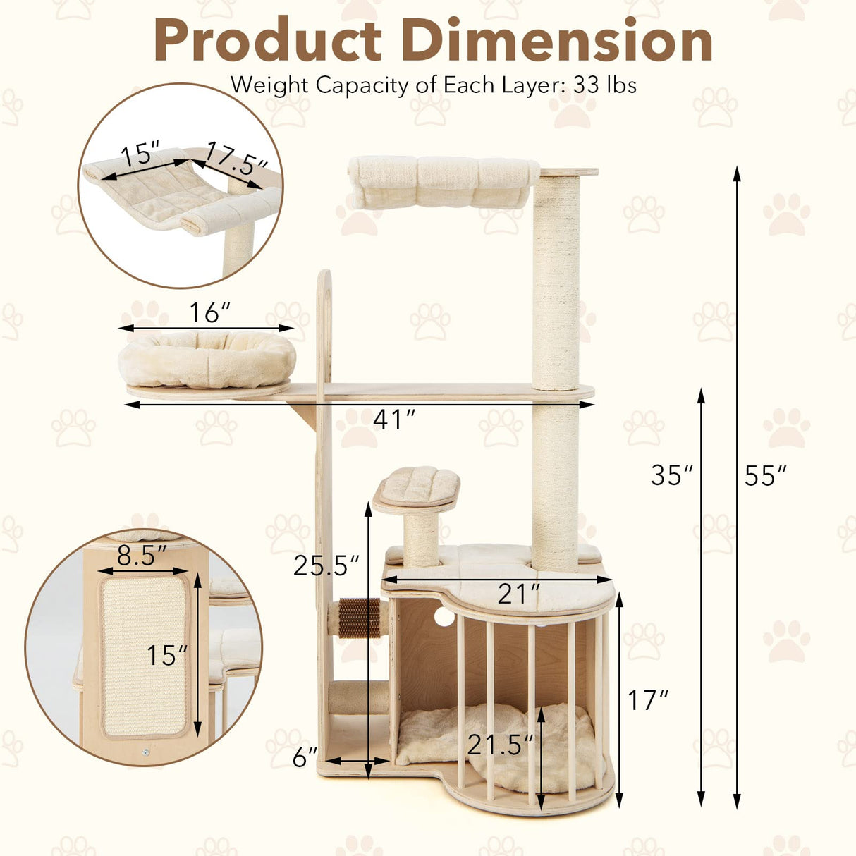Tangkula Tall Cat Tree for Indoor Cats, 55 Inch Multi-Level Cat Tower Activity Center with Hammock, Cat Condo, Sisal Scratching Posts & Washable Cushions, Wooden Modern Cat Tree Houses for Large Cats Tangkula