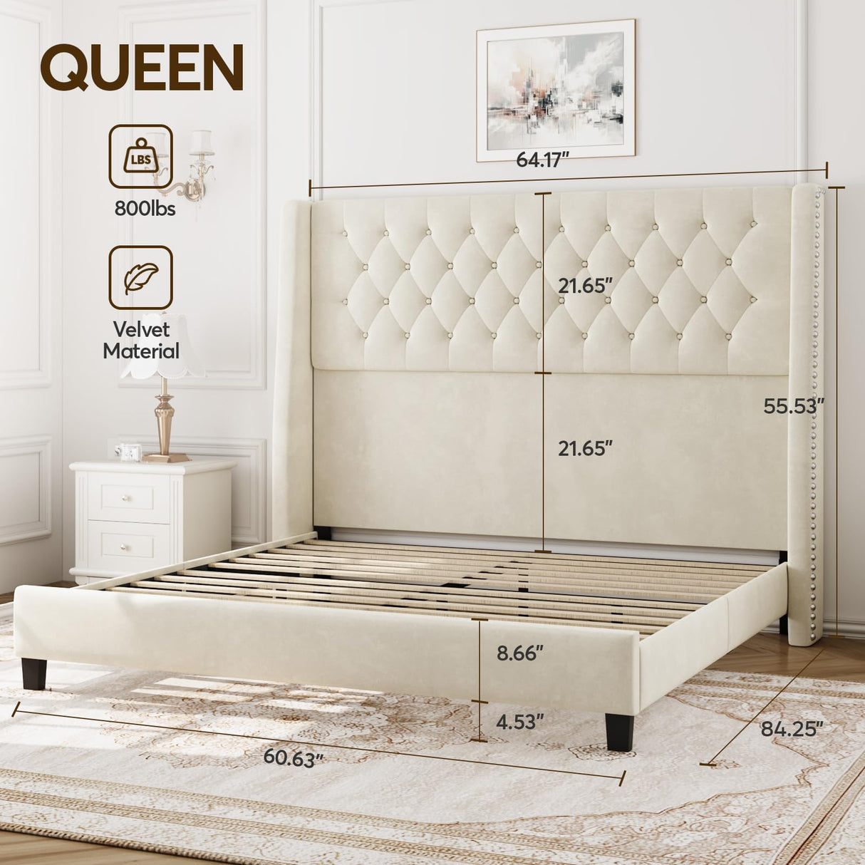SEREINEY Queen Bed Frame with 55" Tall Headboard, Upholstered Bed Frames, Soft Fabric, Button Tufted Headboard with Windback, Platform Bed, Noise-Free, No Box Spring Needed, Beige SEREINEY