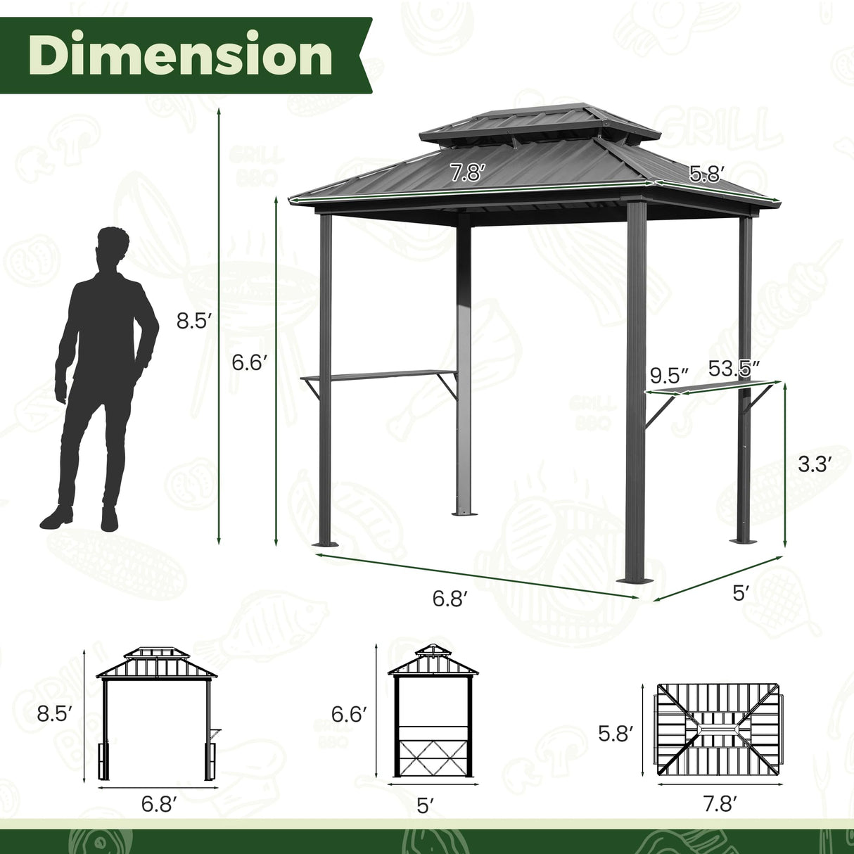 MELLCOM 8' x 6' Grill Gazebo, Outdoor Patio Gazebo with Galvanized Steel Double Roof, Hardtop Barbecue Gazebo with 2 Side Shelves and Ceiling Hook for Deck Lawn Backyard Garden (Black) MELLCOM