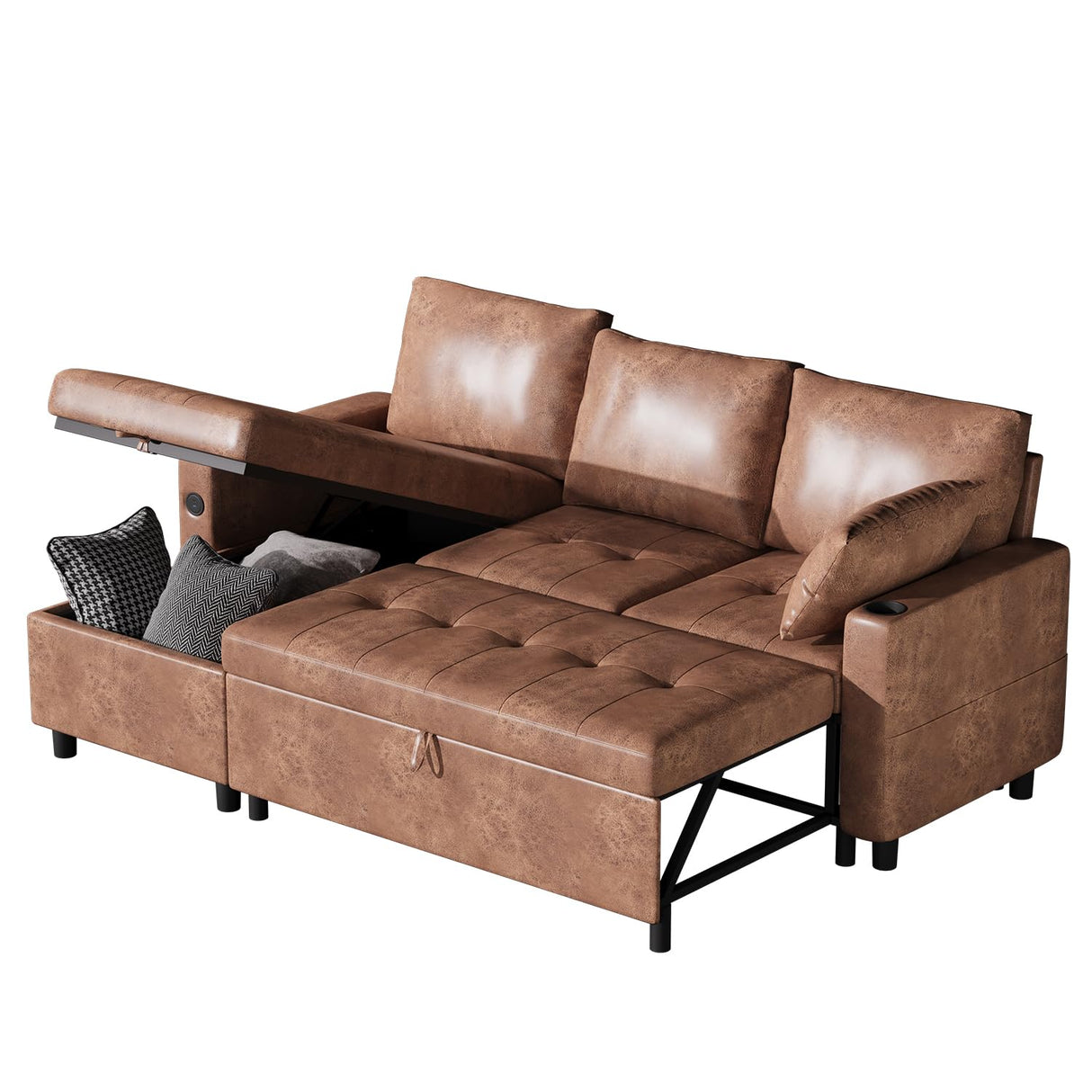 Esright Sleeper Sofa Couch with Pullout Bed, Faux Leather Sofa Bed Pull Out Couch with Reversible Storage Chaise, L Shaped Sectional Sleeper Sofa Couches for Living Room Clearance, Brown Esright