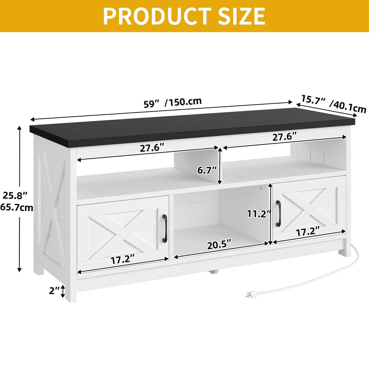 DWVO Farmhouse TV Stand for Television up to 65 Inch, Entertainment Center with Power Outlets and Open Shelf, Rustic TV Cabinet Media Console Table for Living Room, White/Black, 59 Inches DWVO