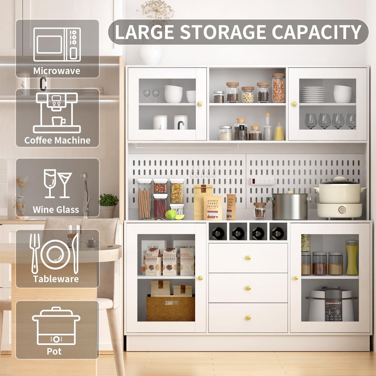 VOWNER Kitchen Hutch Cabinet, Pantry Cabinet, Freestanding Buffet Hutch with Pegboard, Cup Holder, Power Outlet, 4 Doors & 3 Drawers, Cupboard with Microwave Shelf & Wine Racks (White) VOWNER
