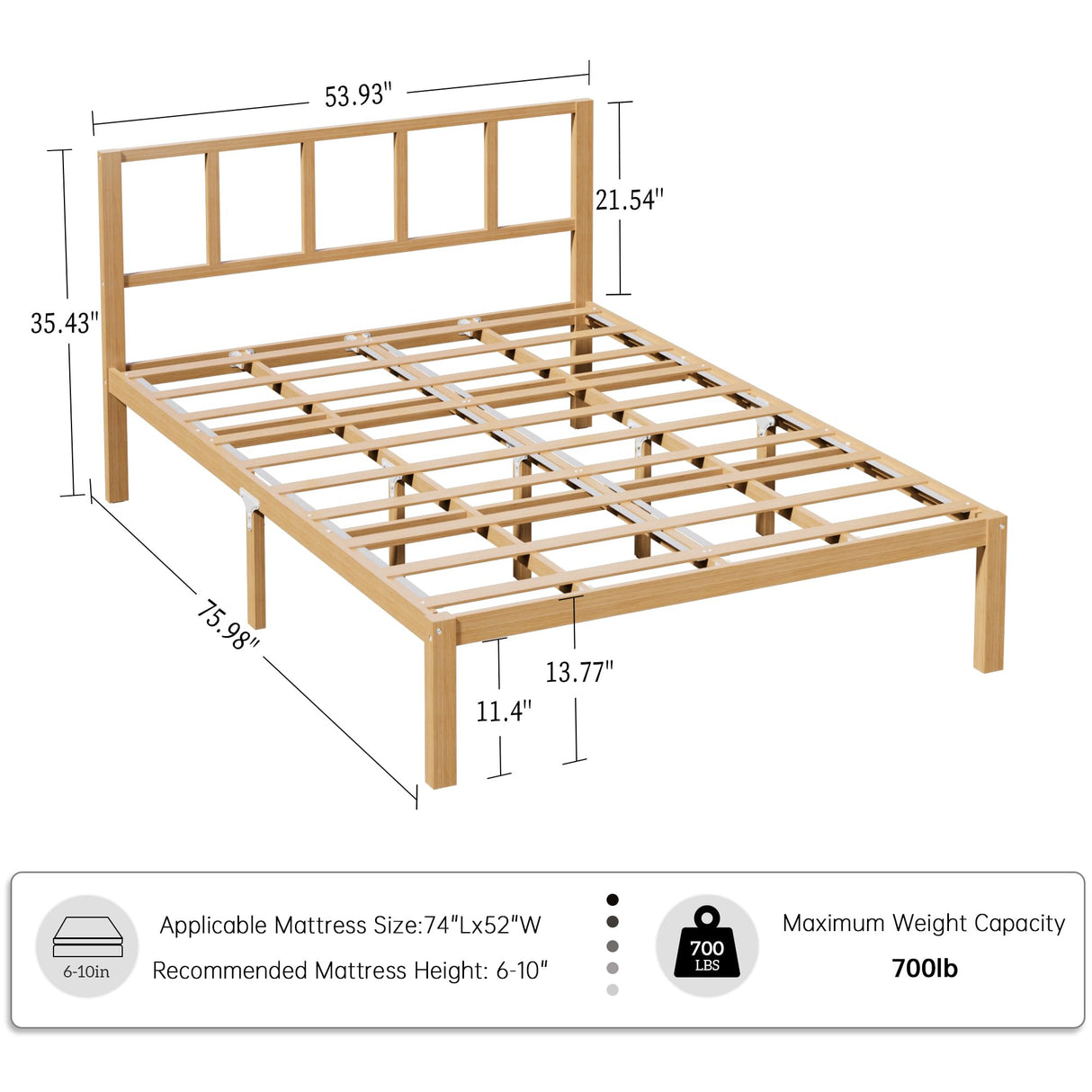 14 Inch Bamboo Bed Frame – Solid Wood Platform Bed Frame, Strong and Stable, with Non-Slip Slats for Support, No Box Spring Needed, Easy to Assemble, Noise-Free (Natural with Headboard, Full) BambooSync