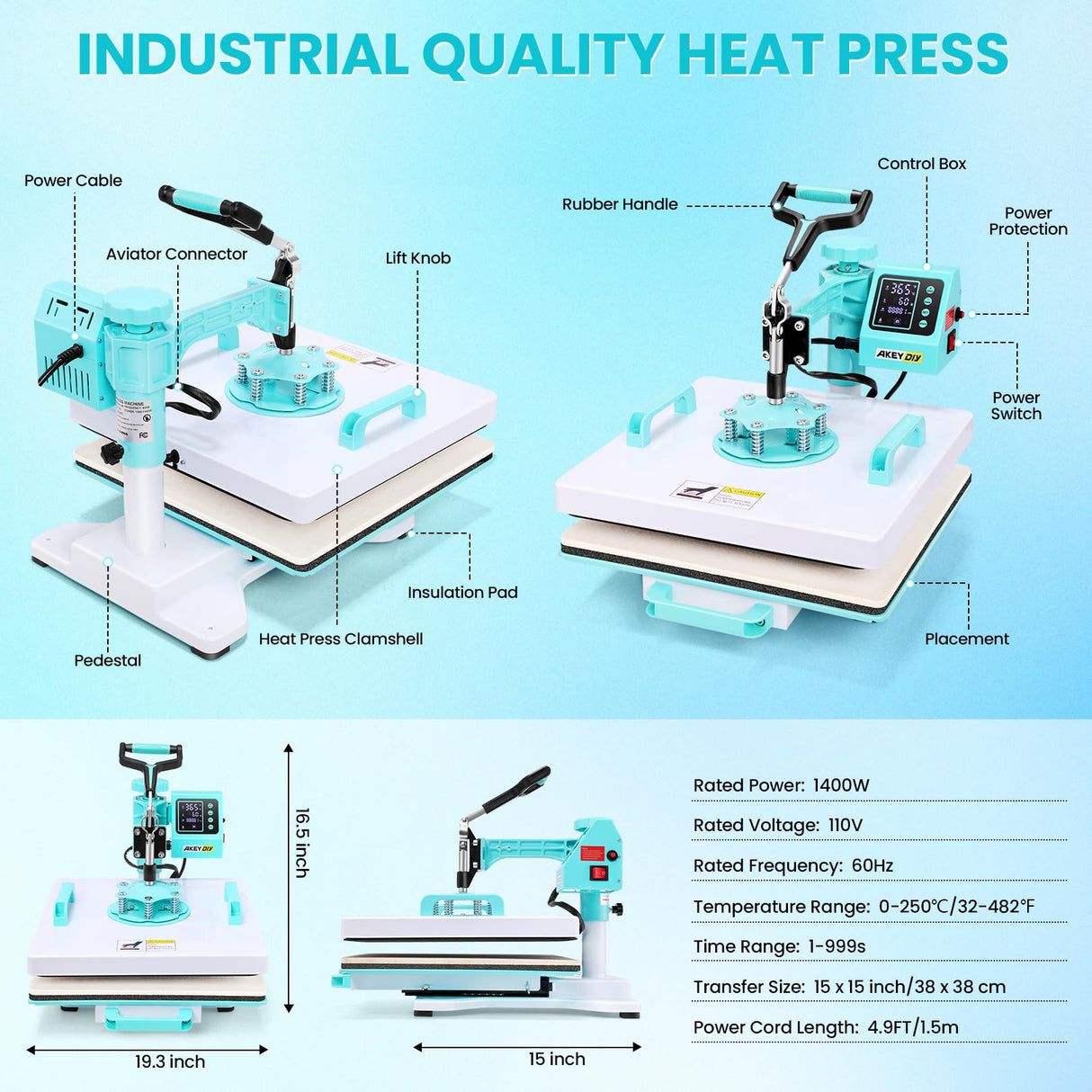 15x15 Heat Press Machine 8-in-1, Pro Sublimation Combo with 30OZ Tumbler Press, Shirt Press Machine with Swing Away & Slide Out Design, Heat Transfer for T-Shirt/Tumbler/Bag/Hats/Cap (8 in 1) AKEYDIY