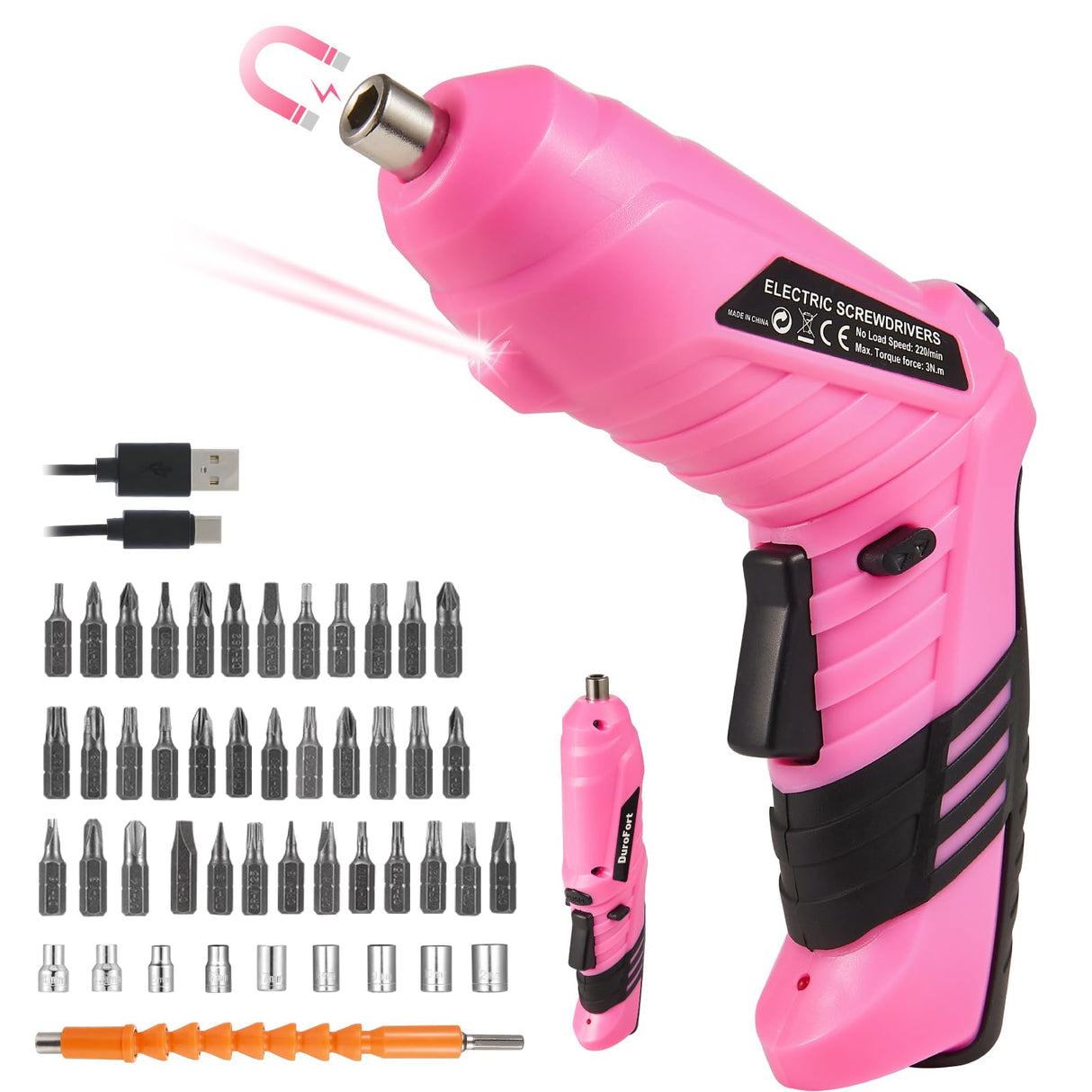 Durofort Pink Cordless Electric Screwdriver Set, 3.7V Rechargeable Small Electric Drill with 48pcs Driver Bit Set, Power 3Nm Screw Gun with 2 Position Handle, Flexible Shaft LED Light for Women DuroFort