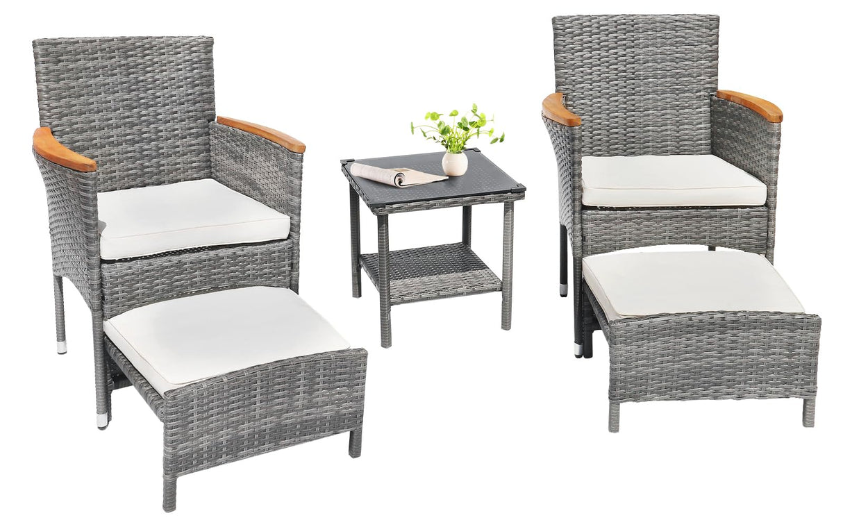 5 Piece Outdoor Patio Furniture Set with Table&Ottoman Outdoor Furniture Patio Set Bistro Wicker Patio Set of 2 Outside Lawn Chairs Conversation Sets for Porch Balcony Deck(Gray Wicker&Beige Cushion) ARTBUSKE