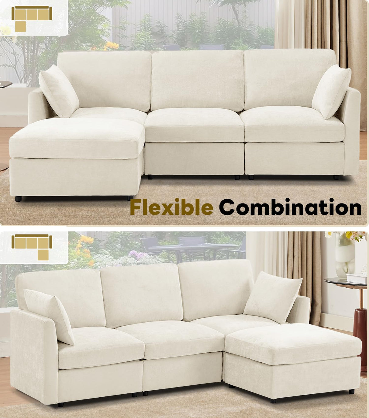 Tbfit 85" Convertible L Shaped Couch, Sectional Sofa for Living Room,Chenille Cloud Couch with Ottoman 4 Seat (Beige) Tbfit