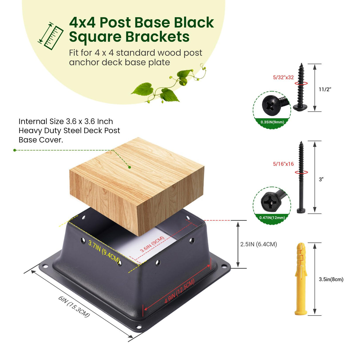Bazeiona 4x4 Post Base 4Pcs Wood Fence Post Bracket Anchor Base Brackets Deck Post Base for Pergola Railing Mailbox Deck (Inner Size 3.6x3.6) Bazeiona