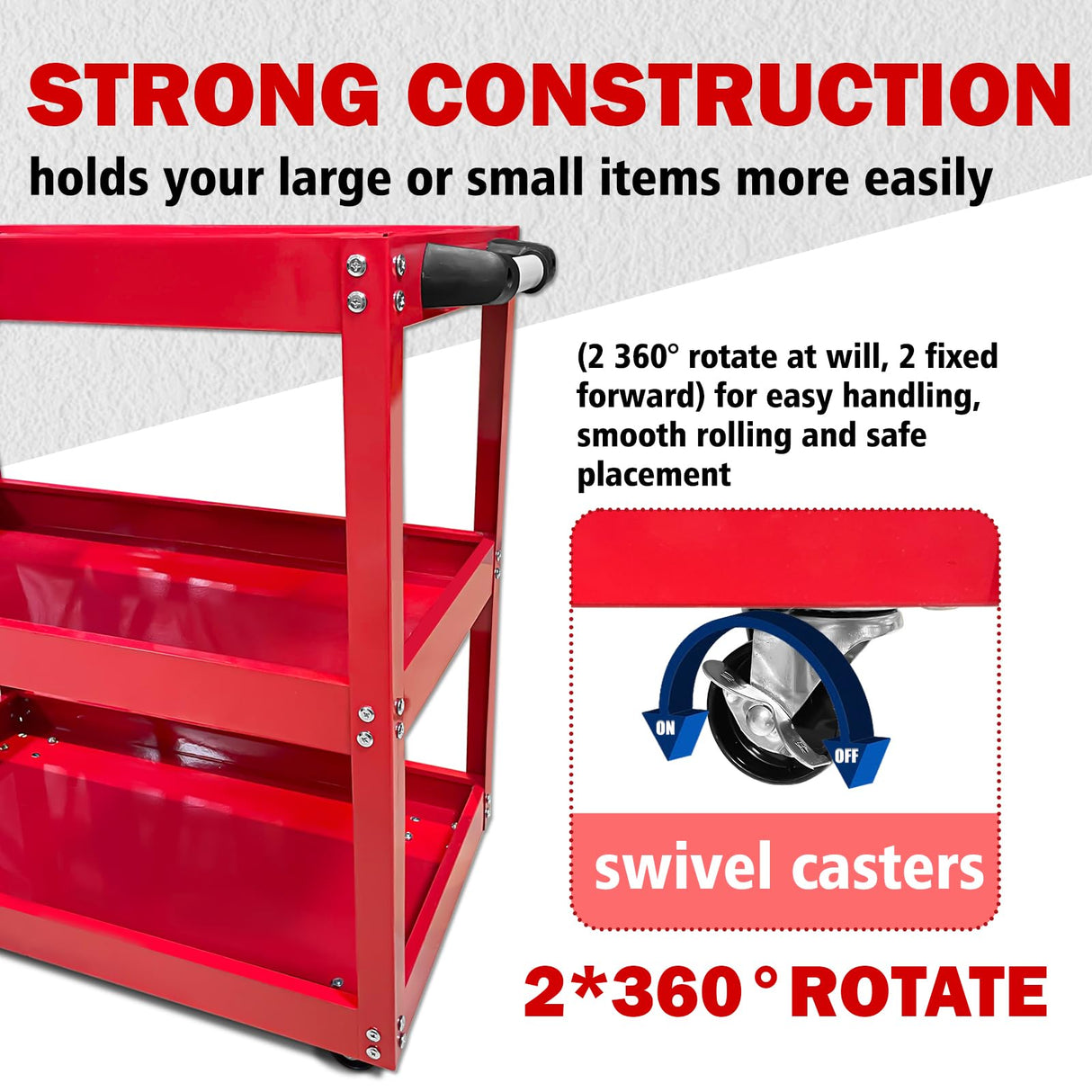 YATOINTO Updated Rolling Tool Cart 330LBS Metal 3 Tier Rolling Cart Carts with Wheels Heavy Duty Utility Carts, Ergonomic Handle Rolling Mechanic Tool Cart Storage Organizer for Warehouse Garage YATOINTO