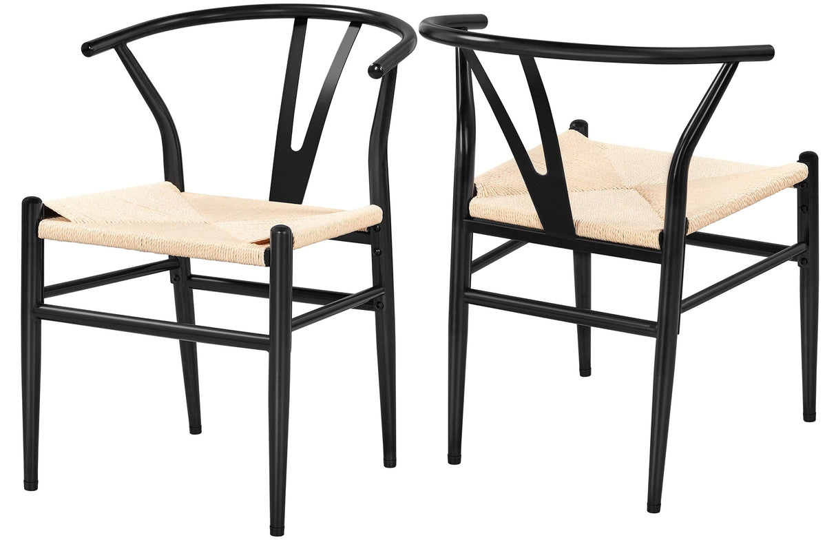 Yaheetech Set of 2 Weave Arm Chair Mid-Century Metal Dining Chair Y-Shaped Backrest Hemp Seat, Black Yaheetech