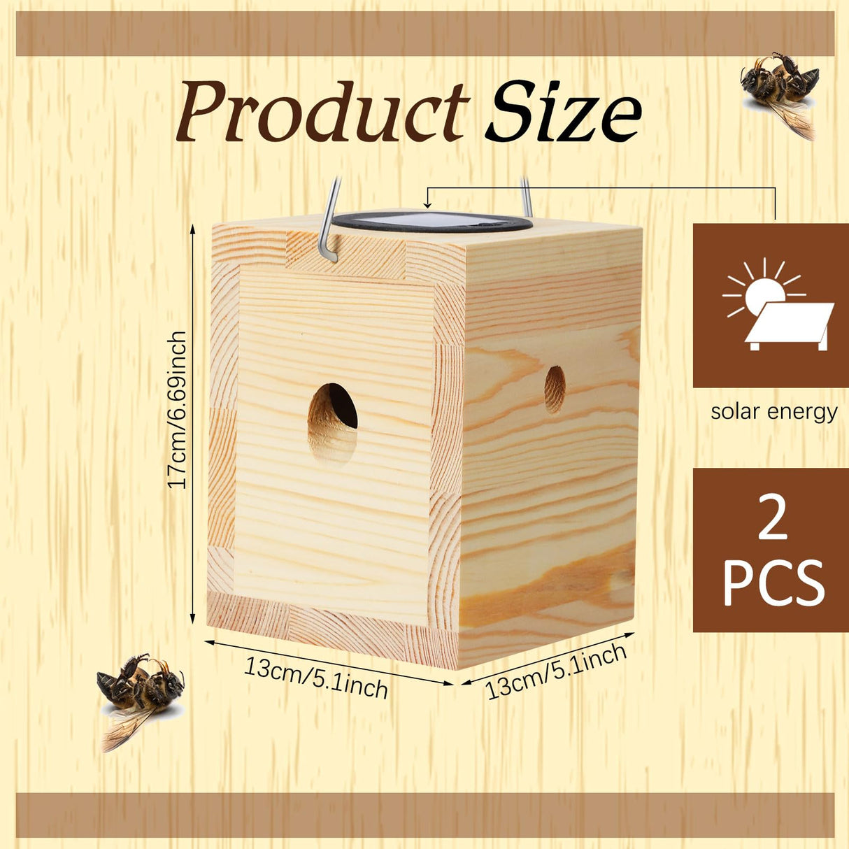 Qualirey 2 Pack Wood Carpenter Bee Traps with Solar Lights, Wasp Traps Outdoor Hanging Hornet Traps Effective Boring Hornet Trap for Outdoor Gardens Patios, 4.1'' W x 4.8'' H x 5.9'' D Qualirey