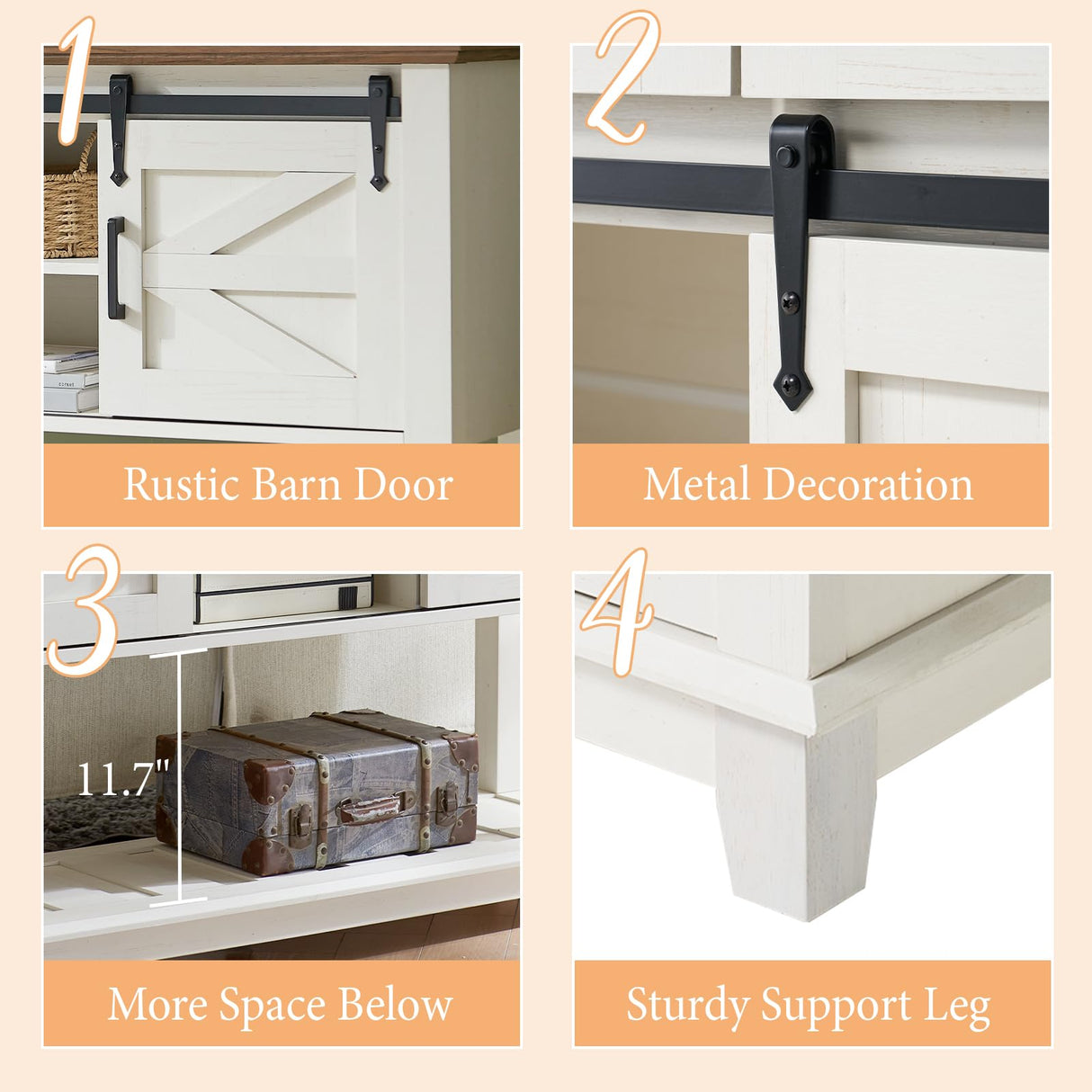 AMERLIFE Sofa Table with Sliding Barn Doors, TV Console Table, 46" Farmhouse Rustic Storage Entryway Table, Adjustable Open Shelves, Hallway, Living Room, Bedroom, Antique White AMERLIFE