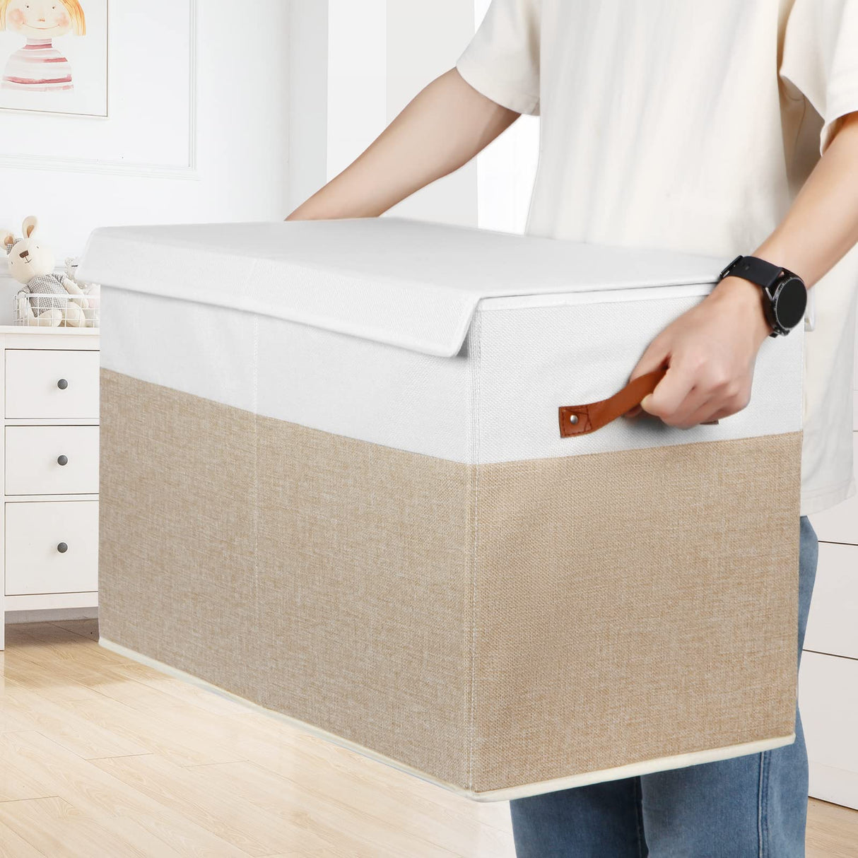 Large Toy Storage Box with Lid, Sturdy Toys Storage Chest Bin Organizer Basket with Dividers for Kids, Boys, Girls, Nursery, Closet, Bedroom, Playroom 25"x13" x16" (Beige and White) Gowee