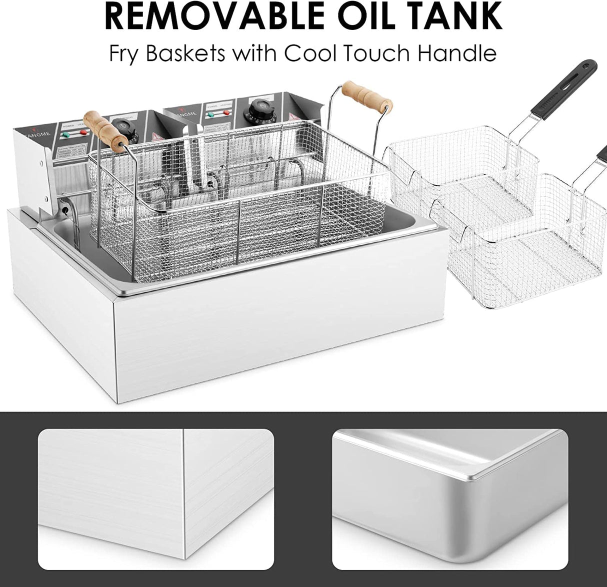 TANGME Commercial Deep Fryer, 3400w Electric Countertop Fryer with 3 Baskets, 22L/23.25Qt 1mm Thickened Stainless Steel Single Oil Fryer with Temperature Limiter for Restaurant, UL Certified TANGME