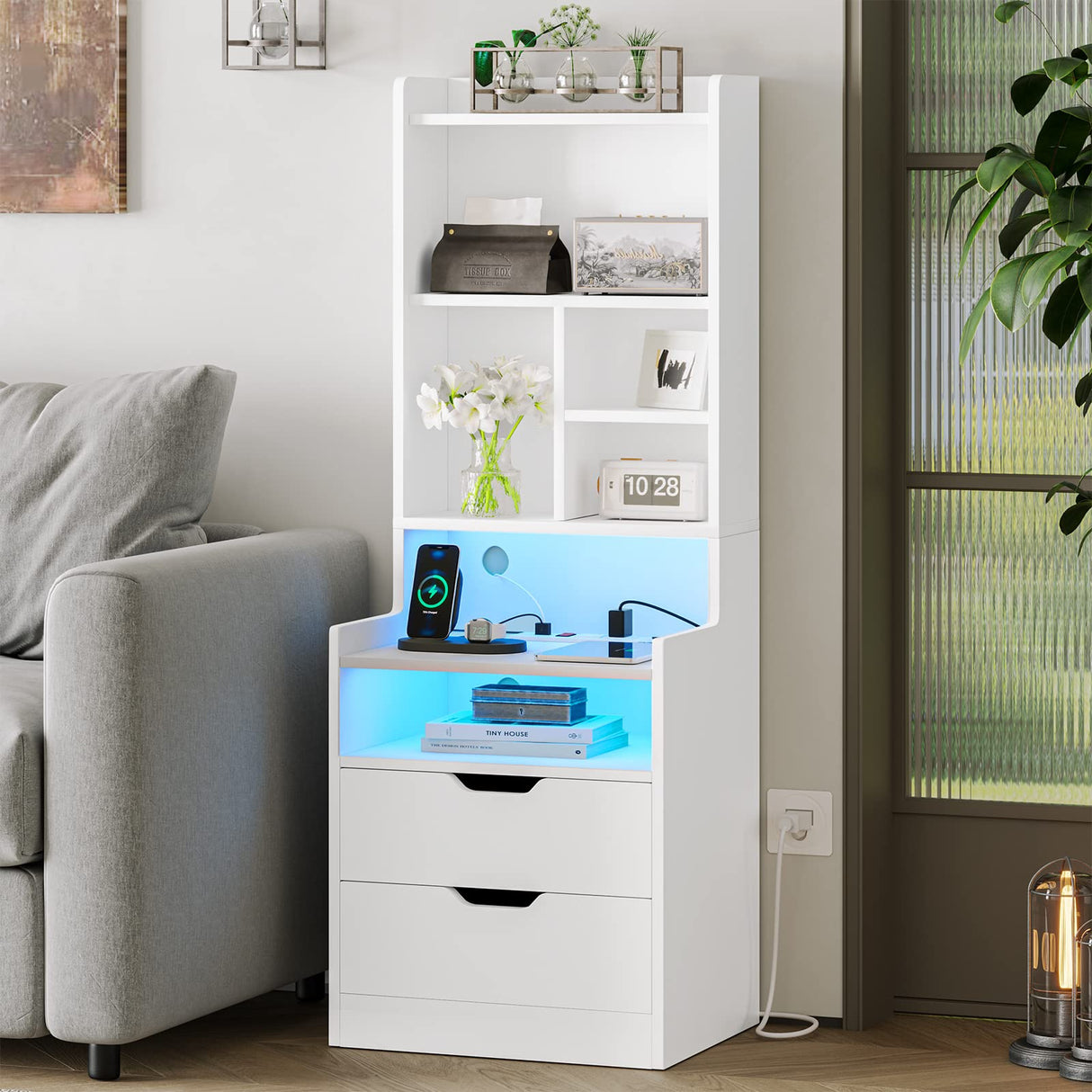 Modern LED Tall Nightstand Set of 2 with Charging Station and Storage, White ADORNEVE