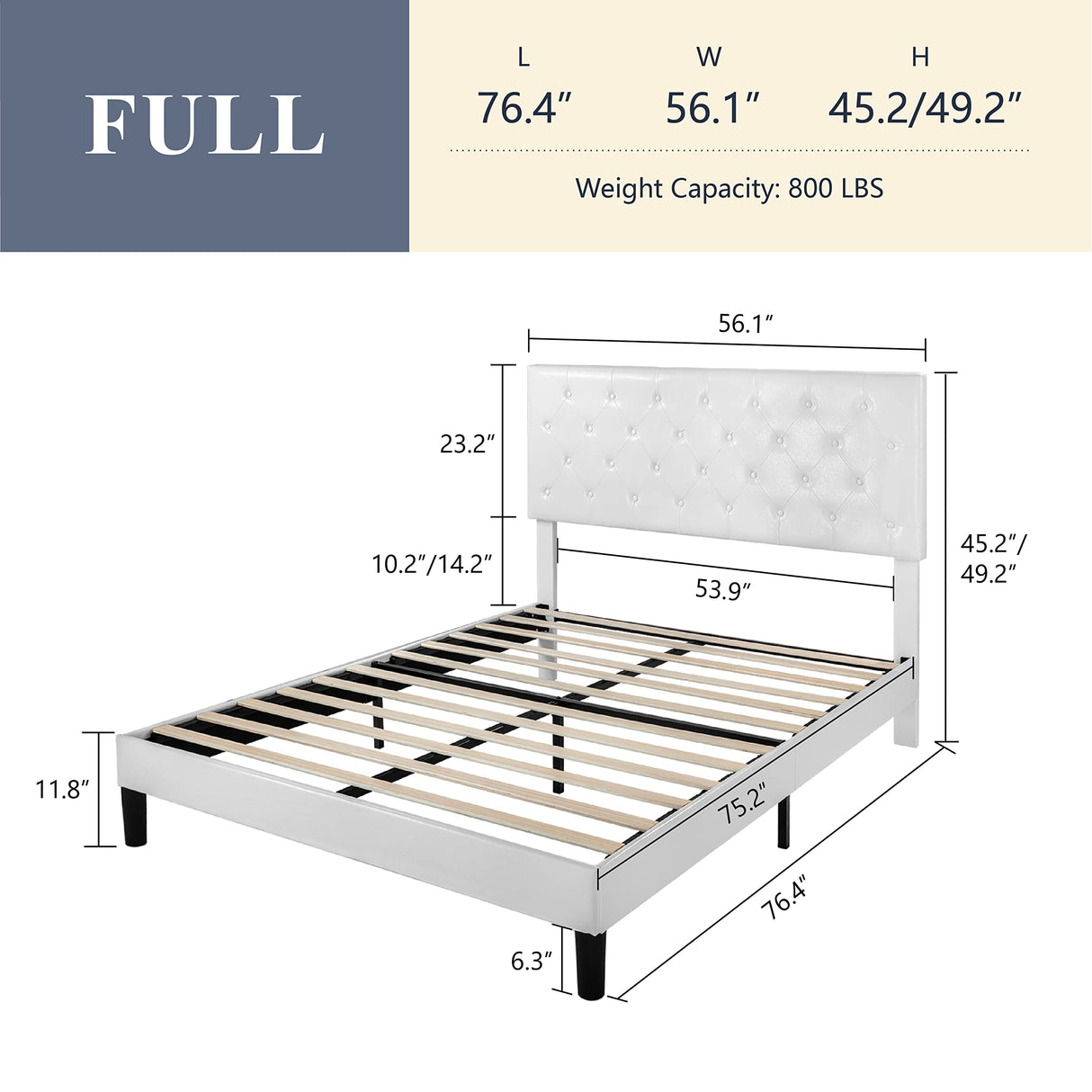 Allewie Full Size Platform Bed Frame, Adjustable Faux Leather Headboard with Diamond Stitch and Button Tufted, Sturdy Wood Slats, Easy-Assembly, No Box Spring Needed, Off-White Allewie