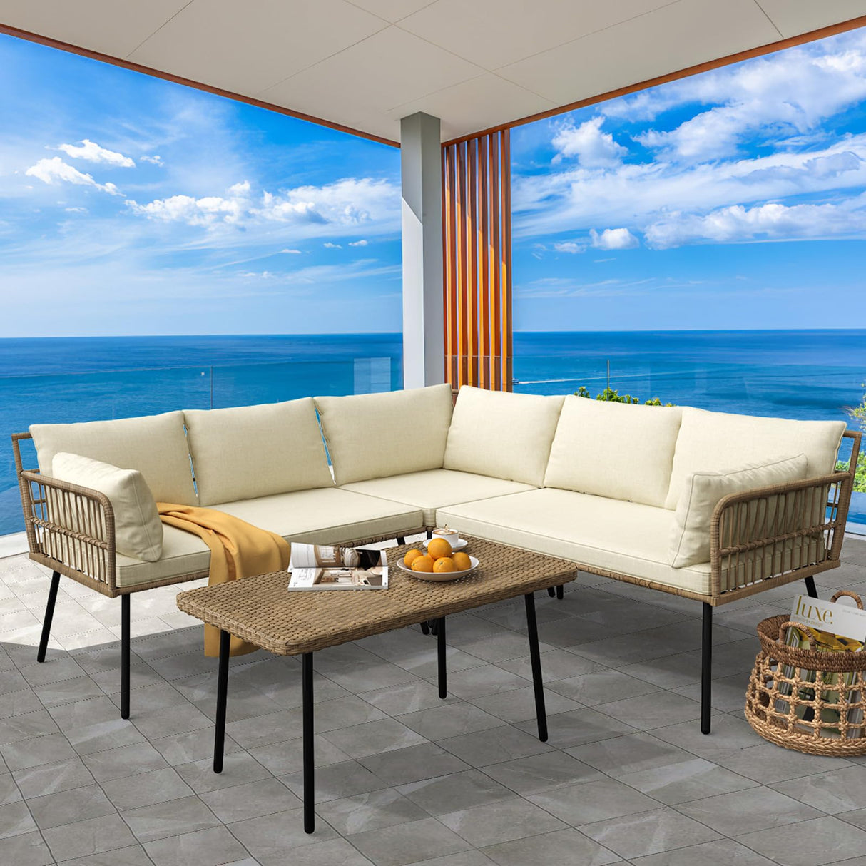 YITAHOME 4 Pieces Patio Furniture Set with 5 Seater Outdoor Sectional with Thickness Cushions and Side Table Boho Patio Conversation Set Outdoor Furniture Set for Backyard Porch Balcony YITAHOME