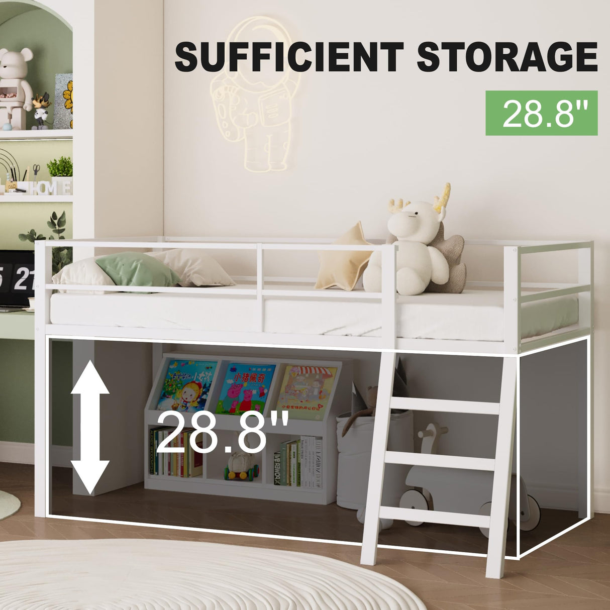 Lutown-Teen Loft Bed Twin Size, Low Junior Metal Twin Loft Bed with Stairs and Safety Guard, Noise Free and Space Saving, White Lutown-Teen