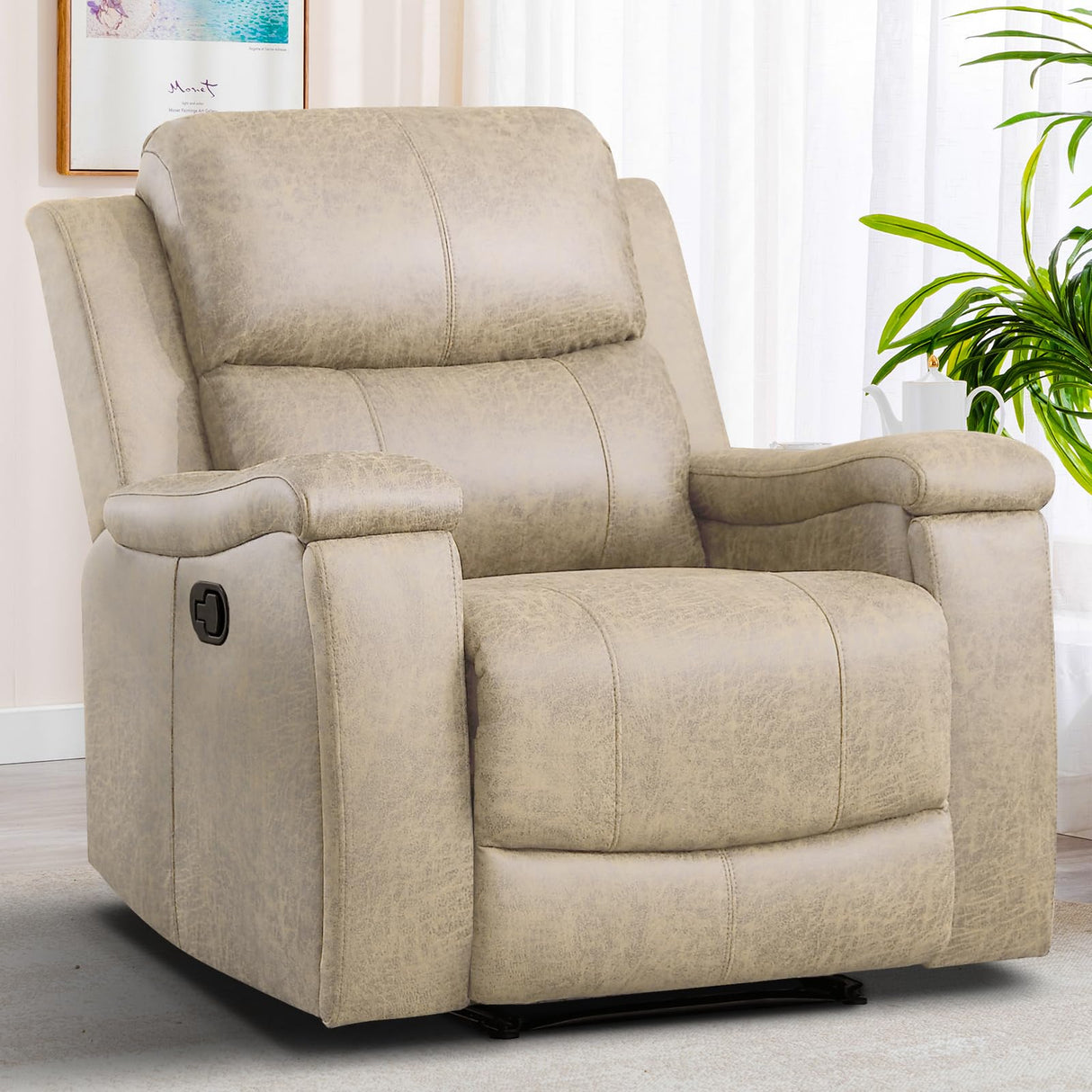 EBELLO Recliner Chair, Single Overstuffed Sofa Recliner, Breathable Faux Leather Manual Reclining Chairs with Hidden Cup Holder, Arm and Back for Adults, Living Room, Bedroom, Beige EBELLO