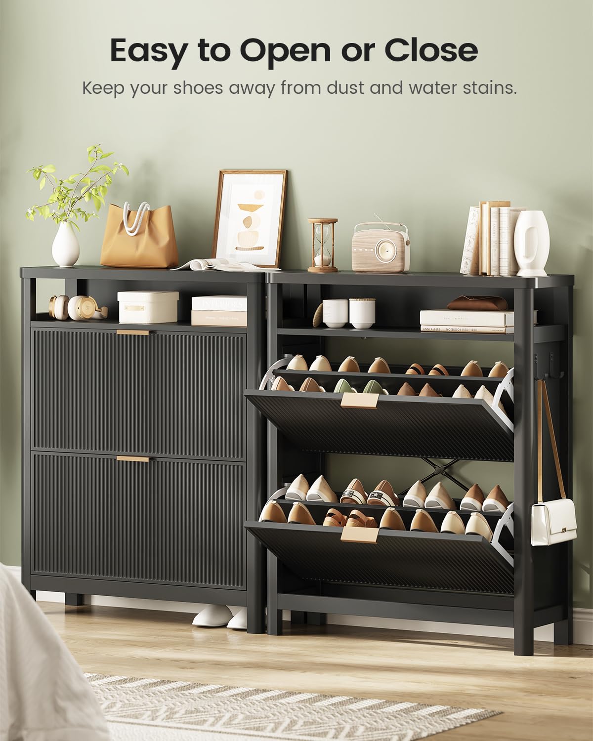 AOGLLATI Shoe Cabinet Storage,Narrow Fluted Shoe Rack Cabinet with 2 Flip Drawers, Wooden Freestanding Organizer with Open Storage Space for Entryway,Black AOGLLATI