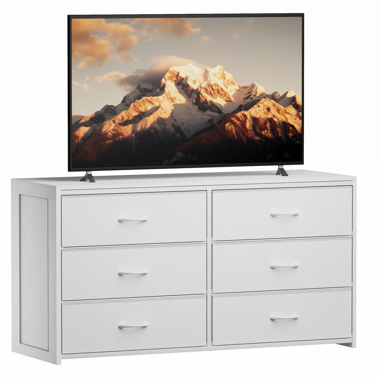 OURPIC Dresser for Bedroom with 6 Drawers, 51 Inch White Dressers TV Stand for 50, 55, 60 Inch TV, Wood Top and Side, Fabric Drawers, Storage, Dresser for Closet, Living Room, Hallway, Entryway OURPIC