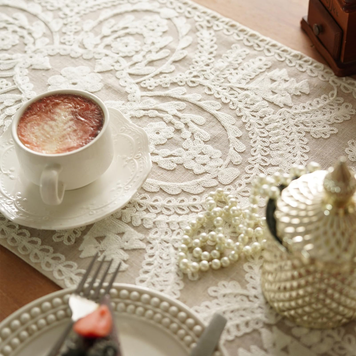 Artbloss Embroidered Table Runner Boho Farmhouse Dresser Scarf Macrame Rustic Lace Doily with Tassel for Kitchen Indoor Outdoor Fireplace (Beige, 14 x 56 Inches) Artbloss