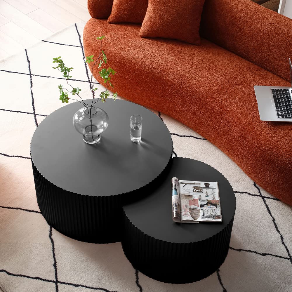WILLIAMSPACE Nesting Coffee Table Set of 2, Round & Crescent Moon Wooden Coffee Tables, Modern Luxury Accent End Tea Table for Living Room Apartment (Black-Round) WILLIAMSPACE