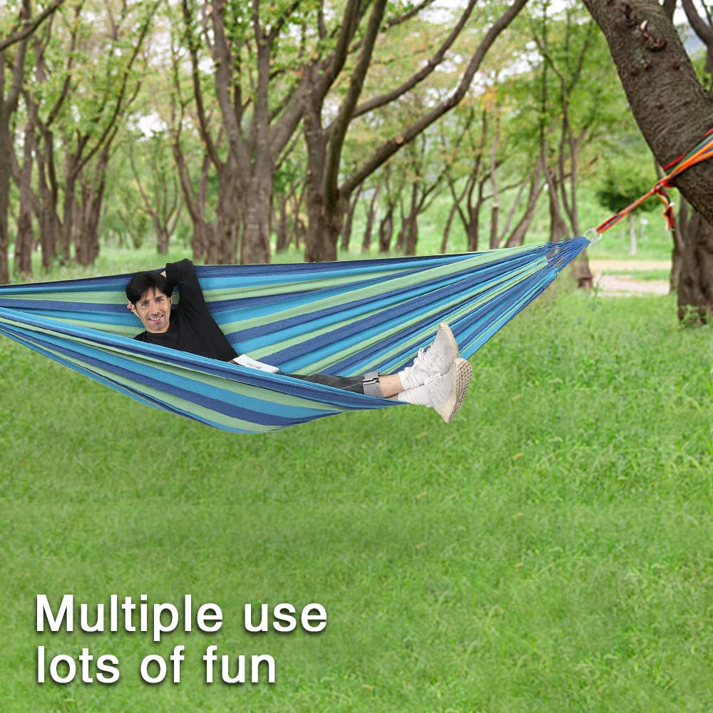 ONCLOUD Extra Long and Wide Double Hammock for Travel Camping Backyard, Porch, Outdoor or Indoor Use, Carrying Pouch Included (Blue/Green Stripes) ONCLOUD