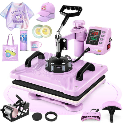 Heat Press Machine for Tshirts, 5 in 1 Heat Transfer Machine, 12" X 15" Heat Printing Press for Sublimation Combo with 360 Degree Rotation Swing Away for T-Shirt Hat Cap Mug Plate, Pink Purple