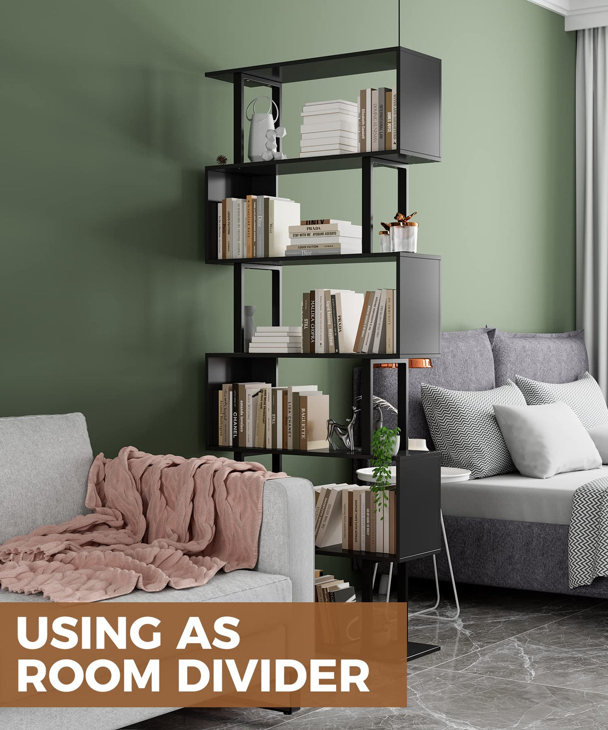 Gadroad 6 Tier Geometric Bookcase, Black Book Shelves, Modern Corner Bookcase Storage Shelf Wood for Bedroom, Living Room, Home Office, Black Gadroad