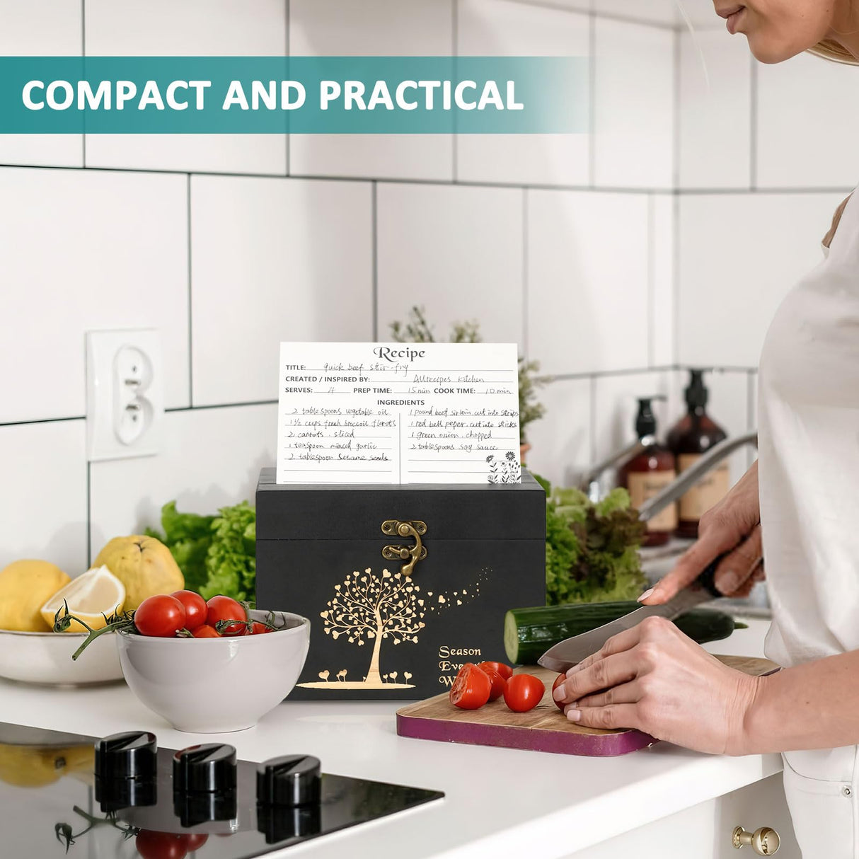 CypherX Wooden Recipe Box - 50 Blank Recipe Cards and Box Set - Recipe Card Organizer Box with 8 Wood Dividers - Gifts for Cooking Lovers | Best Housewarming and Bridal Shower Gift, Black CypherX