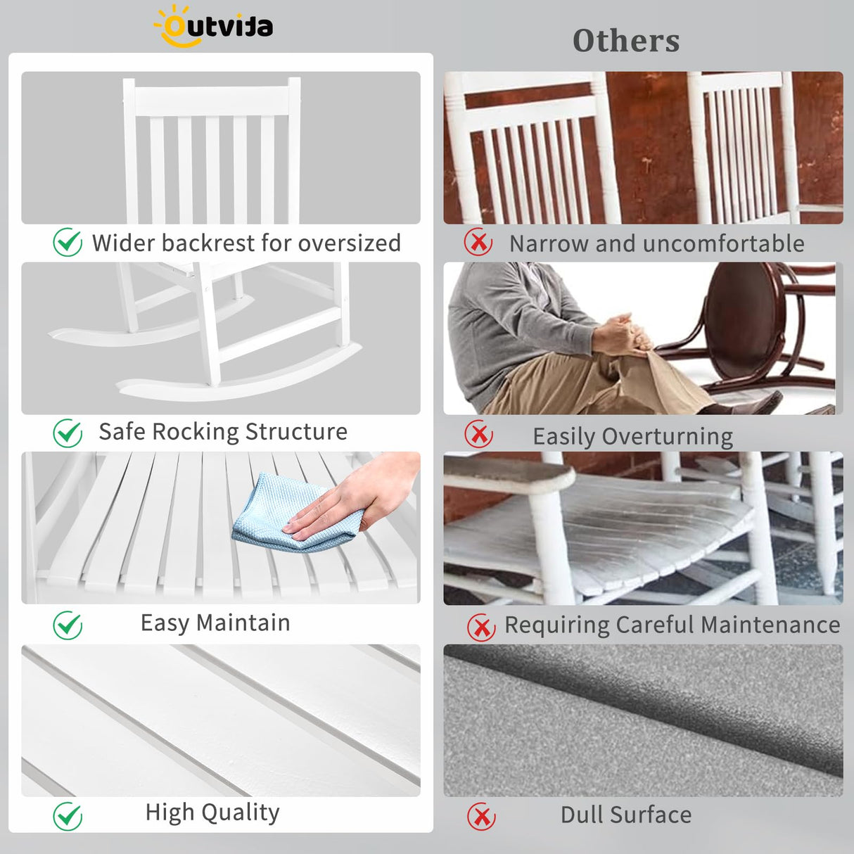 Outvita Outdoor Rocking Chair, Solid Wood High Back Rocker, All Weather Lounge Chair for Porch Patio Fire Pit Garden Backyard Deck Indoor, White Outvita