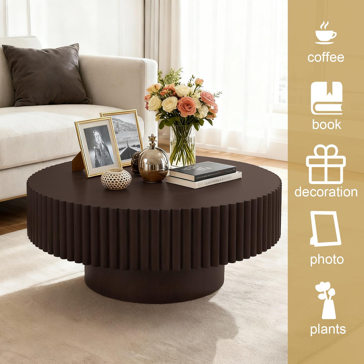 Rovibek Fluted Round Coffee Table, 31.5" Modern Wooden Coffee Table with Fluted Base, Circle Accent Center Table for Living Room Apartment Office Small Space, Easy Assembly (Brown) Rovibek