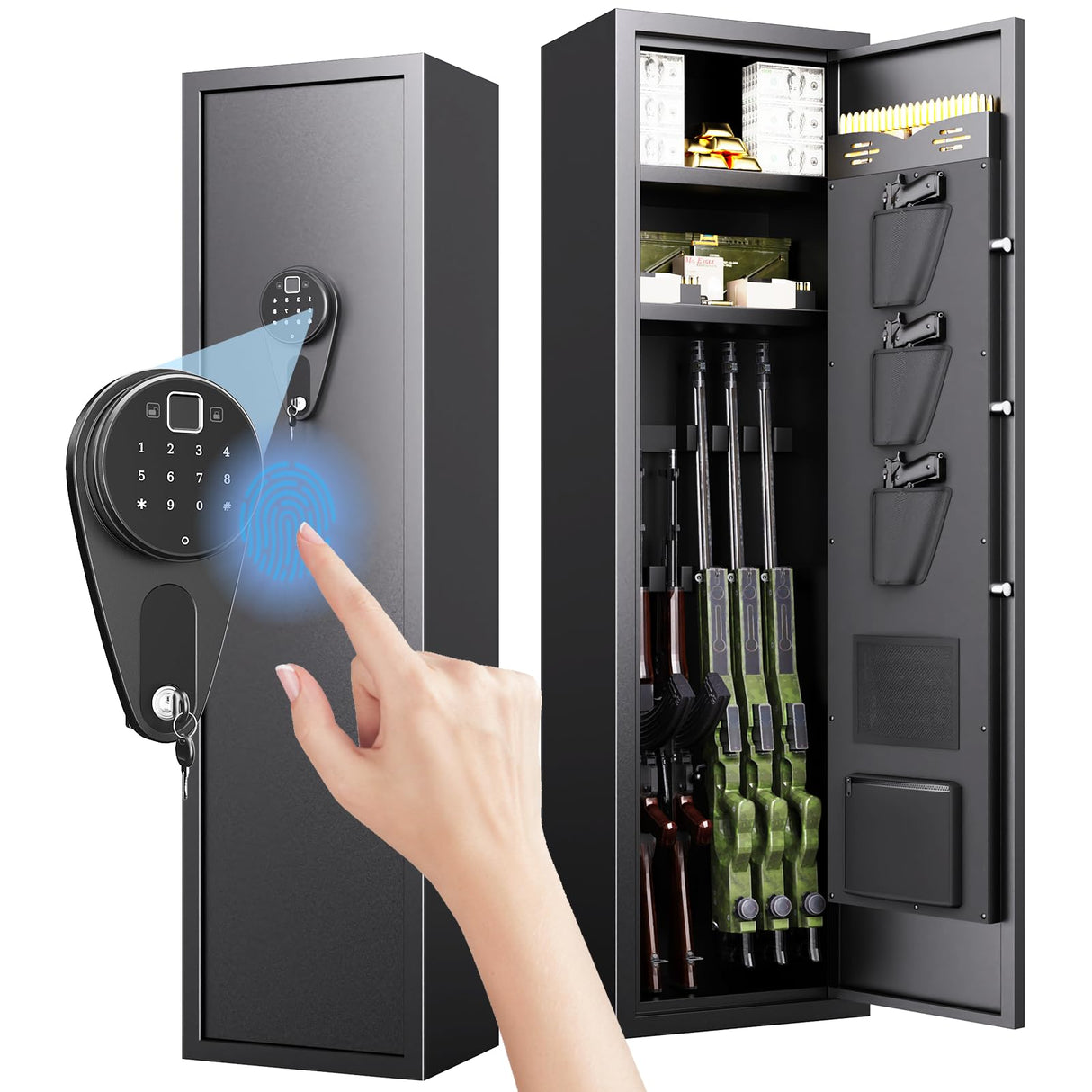 ZIWJHK 5 Gun Safe for Rifles and 3 Pistols Quick Access Biometric Gun Safe No Assembly Required Larage Gun Cabinet Tall Liberty Gun Safe with Adjustable Shelves Gun Locker Adjustable & Alarm ZIWJHK