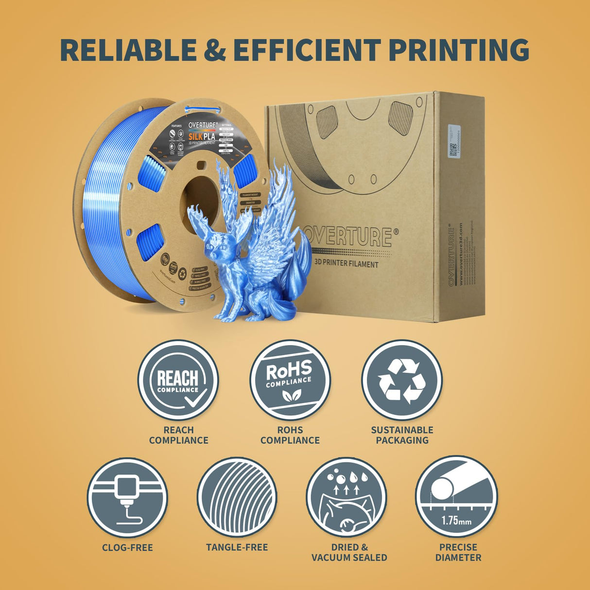 OVERTURE Silk PLA 1.75mm Dual Color Filament, Clog-Free Shiny 3D Printer Filament, 1kg Spool(2.2lbs), Dimensional Accuracy +/- 0.02 mm, Fit Most FDM Printer(Silk Blue-Silver) OVERTURE