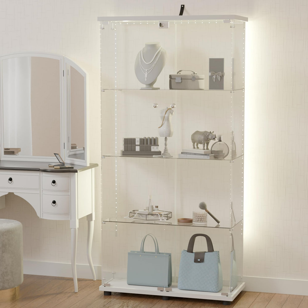 Casaphoria RGB Glass Display Cabinets, 4-Tier Display Cabinets with Glass Doors, Double-Doors Curio Cabinets, Toy Display Cabinets and Curio Cabinets for Collectibles Casaphoria