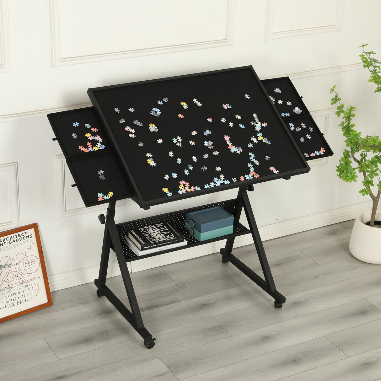 Roockky Height Adjustable Puzzle Tables for Adults with Drawers, 1500 Pieces Jigsaw Puzzle Table with Legs and Wheels, 0-75° Tilting Tabletop, Protective Cover and Storage Shelf, Black Roockky