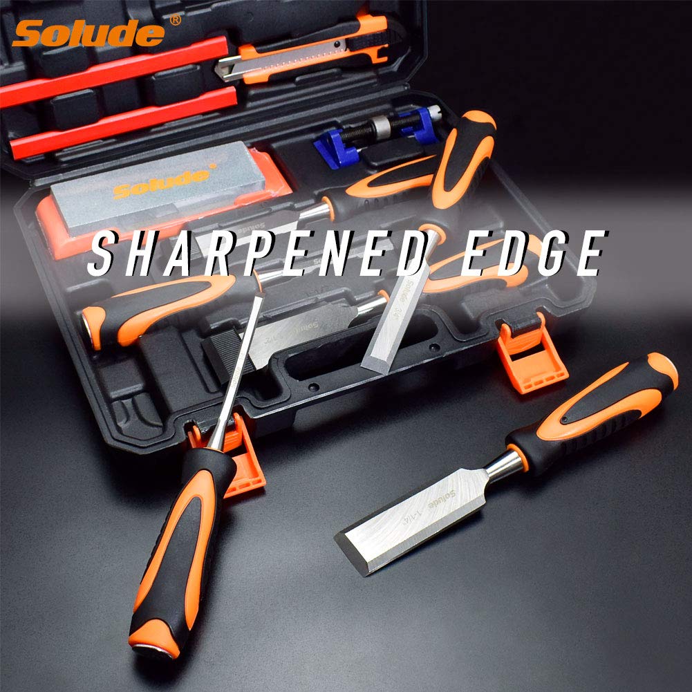 SOLUDE 11Pcs Wood Carving Chisel Set,Heated Treated Cr-V Woodworking Chisels Tool Kit with Sharpening Stone,Honing Guide,Carpenter Pencils SOLUDE