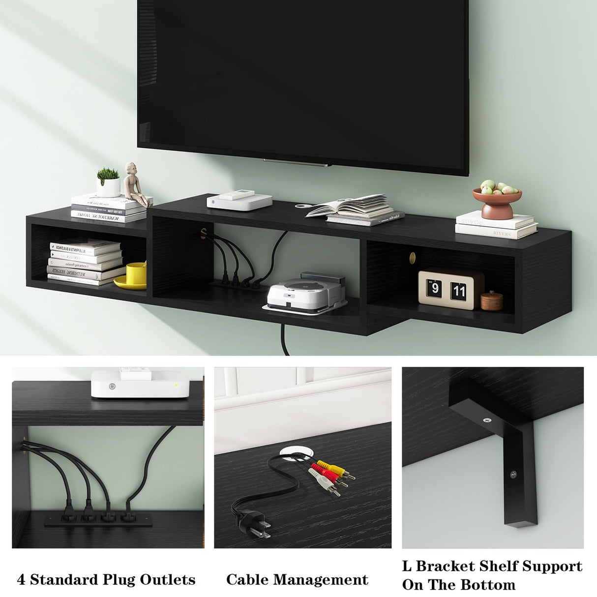 IBUYKE 59" Floating TV Stand Wall Mounted with Power Outlet,Wood Wall Mounted Media Console Shelf,Floating Entertainment Center for Under TV Storage for Living Room Bedroom Office,Black WST007B IBUYKE