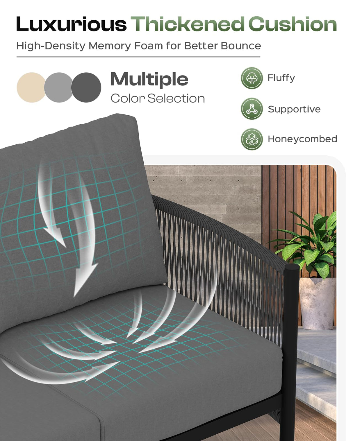 Oasbira Aluminum Outdoor Patio Furniture Set, HDPE Rope 4 Piece Modern Sectional Conversation Sets with Dual-Layer Coffee Table, All Weather Patio Couch Set with Thick Cushions, Gray Frame, Charcoal Oasbira