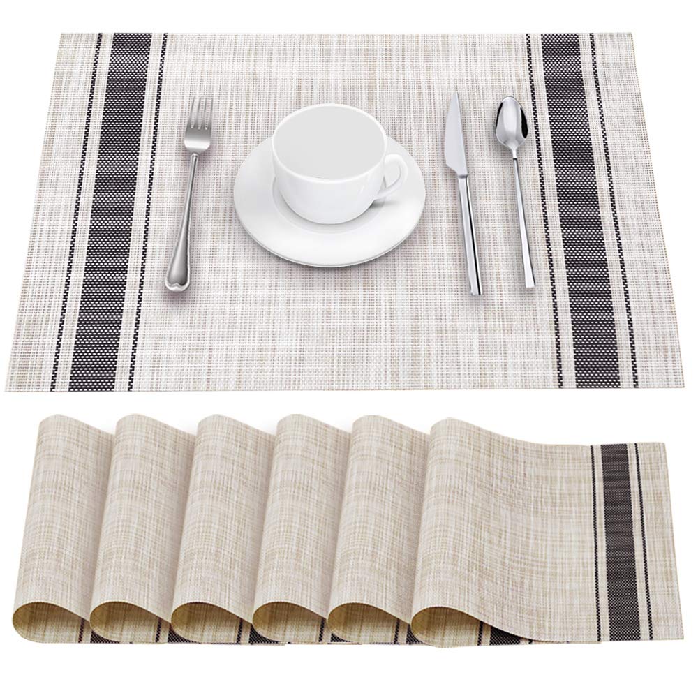 YOSICHY Table Mats Set of 6 Crossweave Woven Vinyl Placemats Heat Resistant Non-Slip Kitchen Placemats for Dining Table Washable Easy to Clean(Grey) YOSICHY