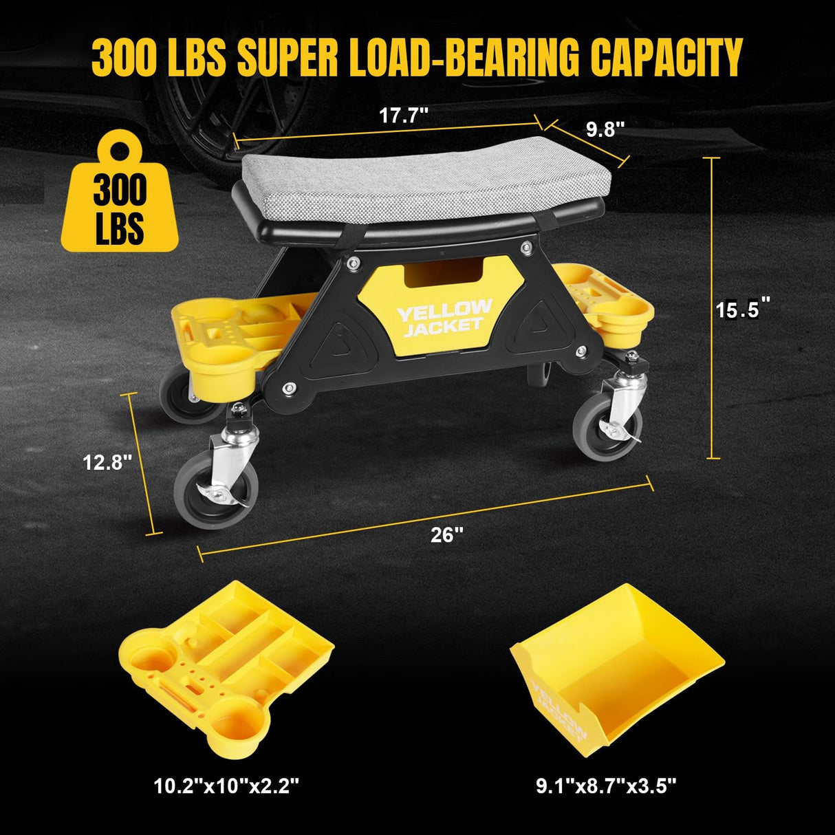 YELLOW JACKET Mechanic Stool with Wheels Rolling Stool Chair 300 lbs Capacity,Garage Mechanics Seat with Two Tool Tray and A Drawer Workshop Creeper Seat for Auto Repair Work YELLOW JACKET