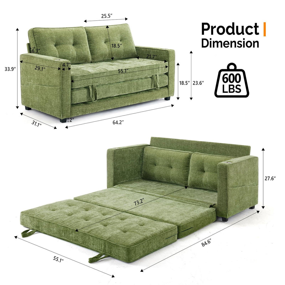 VINGLI Sofa Bed Full Size Pull Out Couch Bed Olive Green Futon Couch 64" W 84" L Loveseat Sleeper Floor Couches for Living Room Convertible Loveseat Sofa Foldable Sofa Bed VINGLI